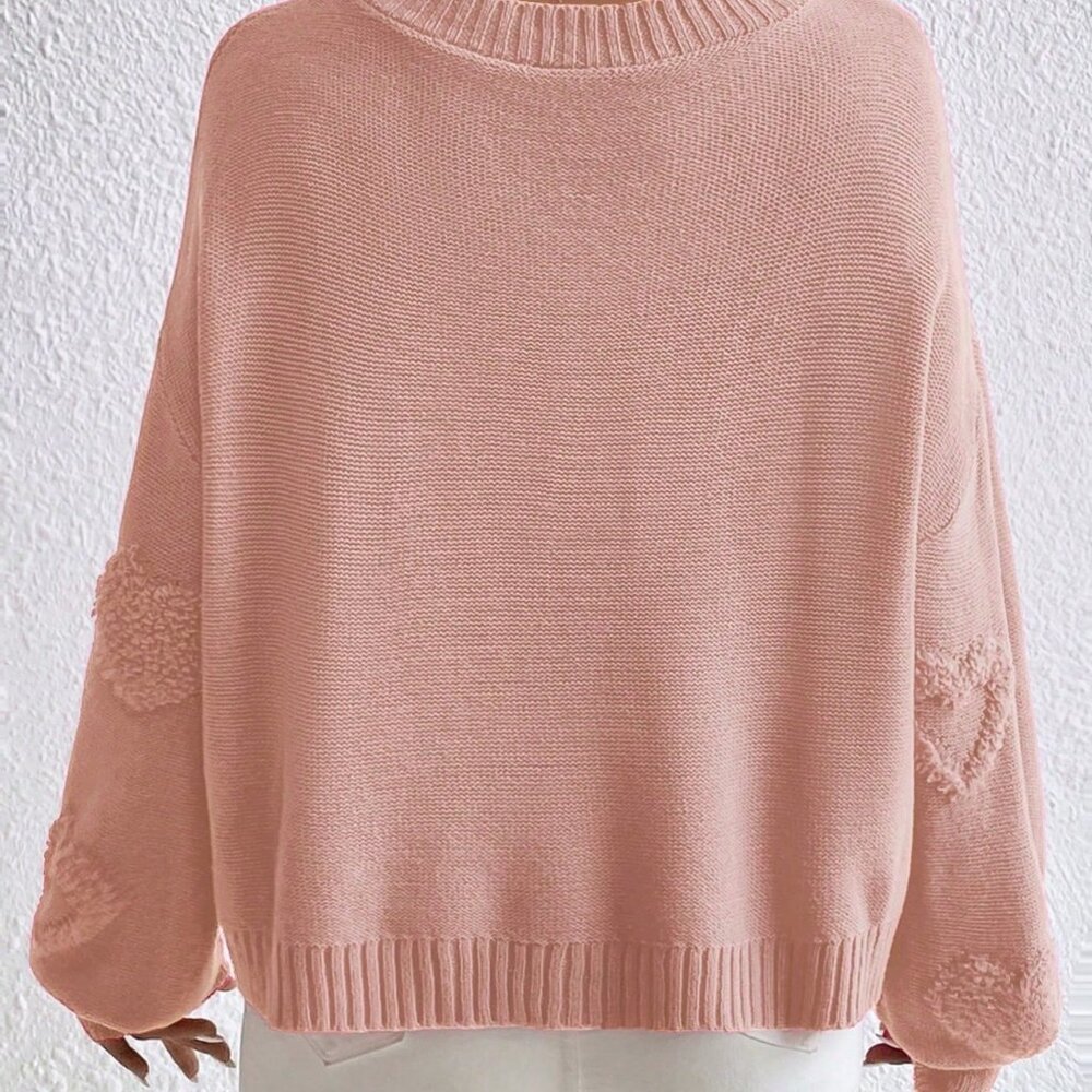 Coral Pink Casual Women's Heart Pattern Drop Shoulder Pearls Beaded Sweater - Picture 2 of 6